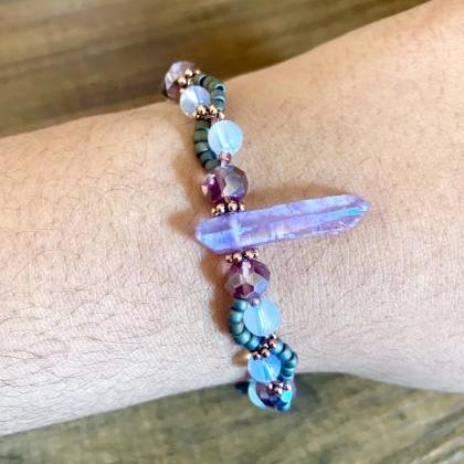 Purple Quartz And Sea Opal Stretch Woven Gemstone..