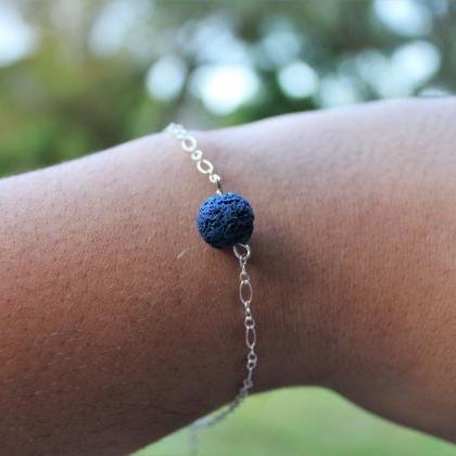 Blue Lava Rock Chain Linked Bracelet With Feather..