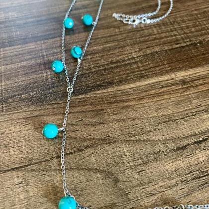 Green Turquoise Long Beaded Silver Chained..