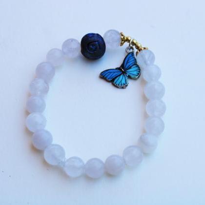 White Agate With Blue Butterfly Charm Gold Beaded..