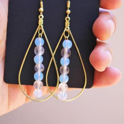 Gold Oval Hoops With Sea Opal Pink Rose Quartz..