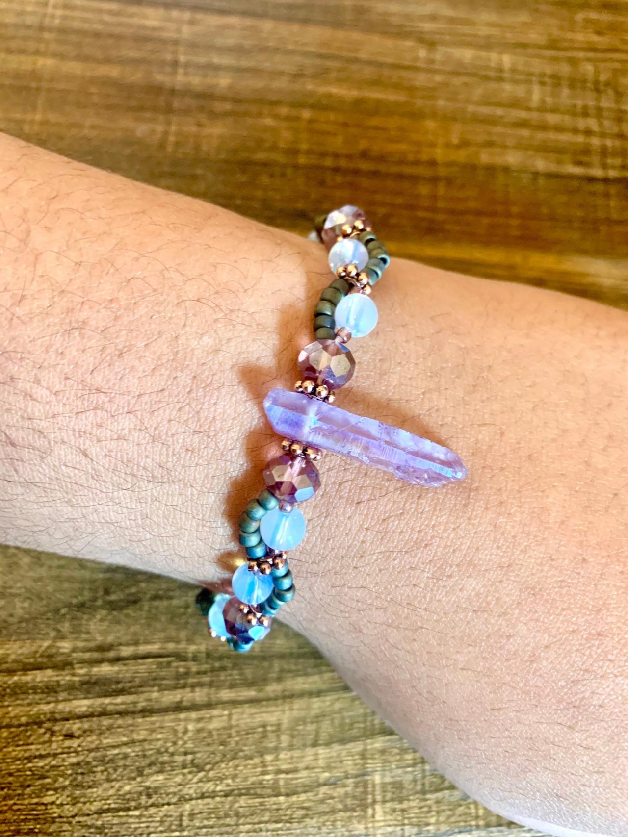 Purple Quartz And Sea Opal Stretch Woven Gemstone Bracelet For Women Handmade Bracelet In The Us
