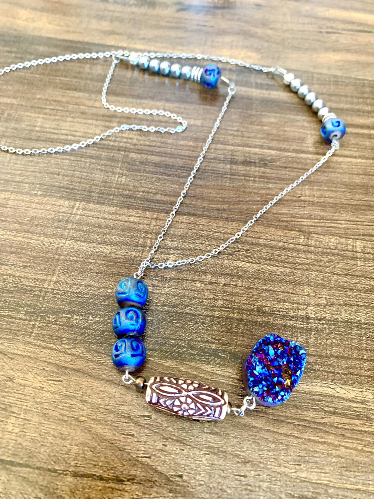 Titanium Quartz And Silver Hematite Beaded Long Gemstone Necklace For Women Blue Pendant With Tribal Beads Handmade In Us
