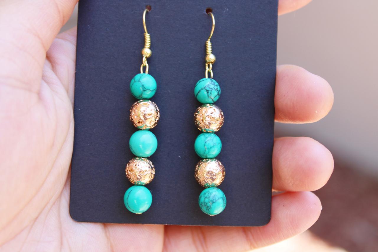 Green Turquoise And Gold Or Silver Lava Rock Boho Drop Gemstone Earrings For Women For Metaphysical Healing Handmade In The Us