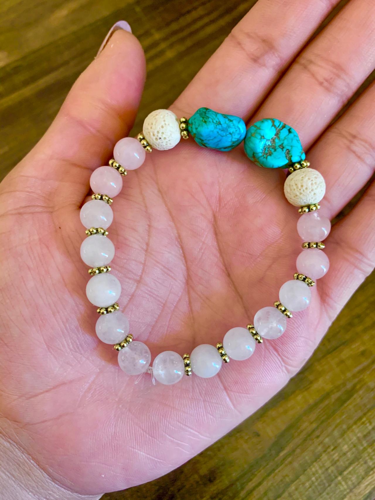 Turquoise, White Lava Rock, And Agate Gemstone Stretch Bracelet For Women Handmade In Us Blue Pink And White Bracelet For Gift