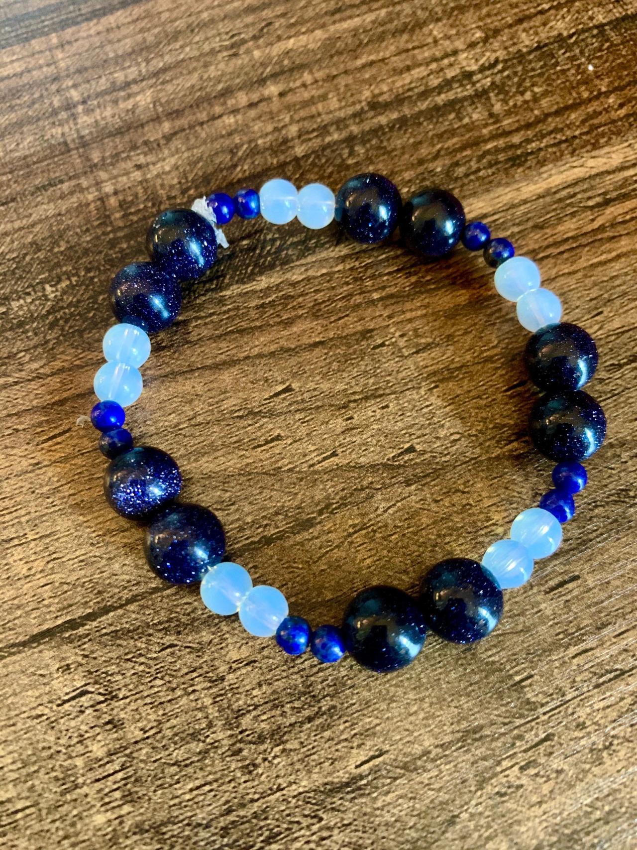 Goldstone, Lapis Lazuli,sea Opal Stretch Gemstone Bracelet Boho Blue Stretch Bracelet For Women For Healing And Mediation Handmade In The Us
