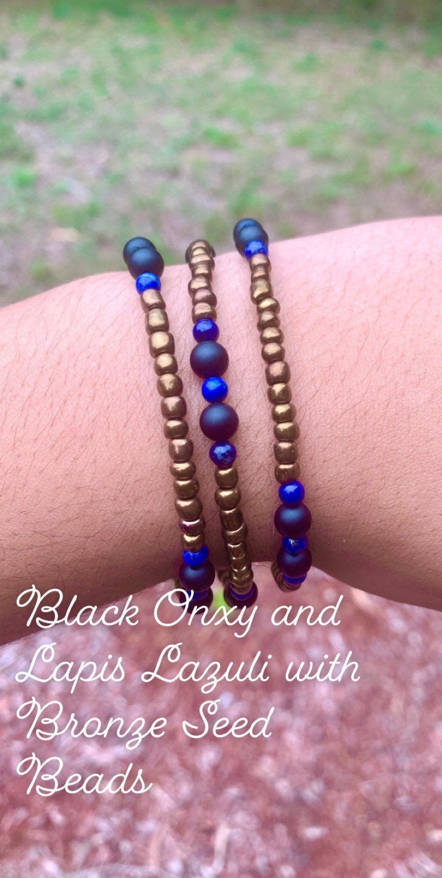 Gemstone Black Onxy, Lapis Lazuli, Rhodonite, or Hematite with Silver or Bronze Seed Beads Layered Bracelet Set For Women Genuine Crystals
