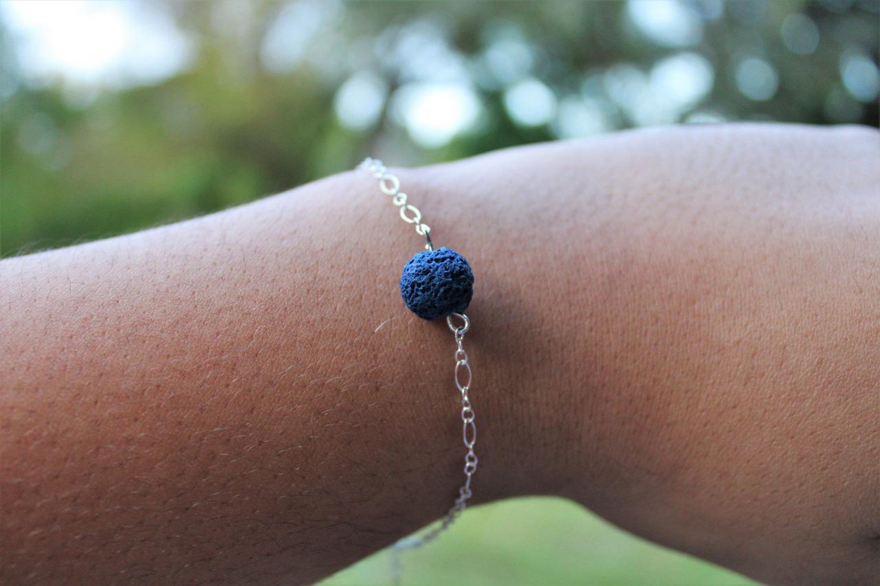 Blue Lava Rock Chain Linked Bracelet With Feather Dangled End Handmade In The Us For Healing. Grounding Blue Lava Rock Simple Bracelet