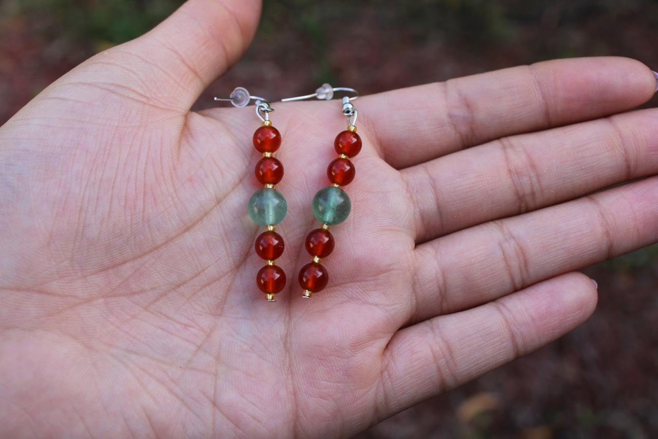 Carnelian And Fluorite Drop Earrings For Healing And Meditation | Handmade In The Us With Red And Light Blue Genuine Gemstone