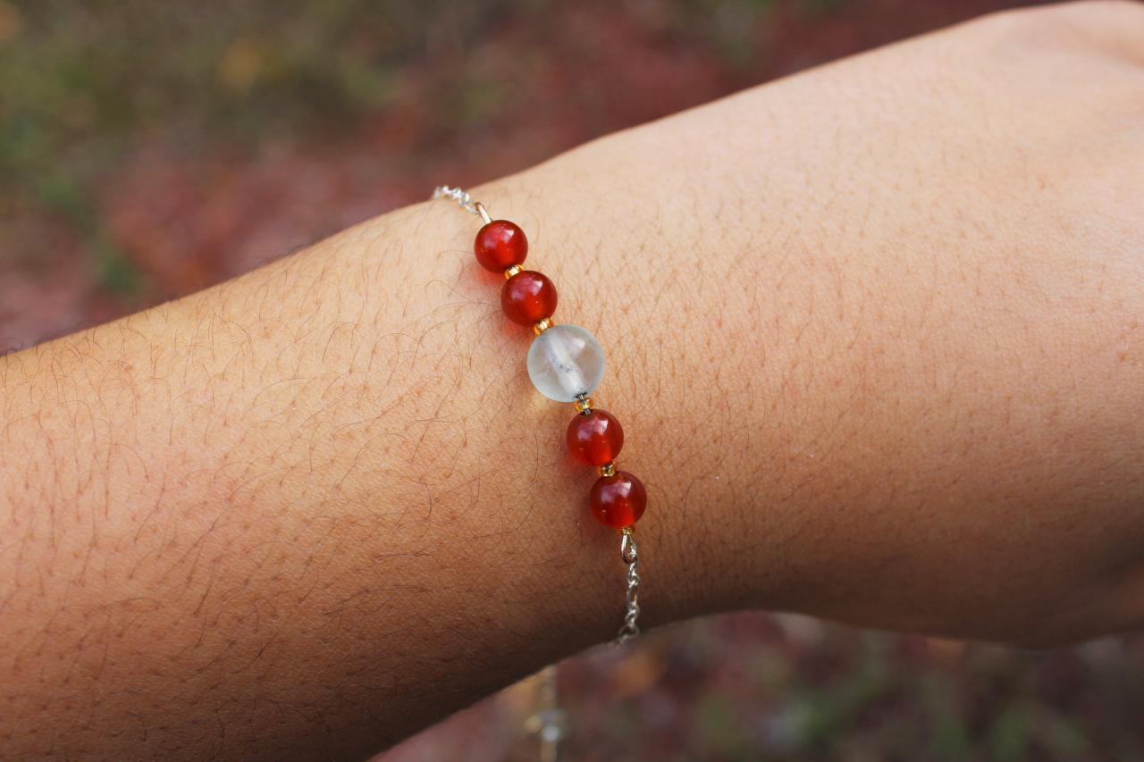 Carnelian And Fluorite Chained Bracelet For Healing And Meditation | Handmade In The Us With Red And Light Blue Genuine Gemstone