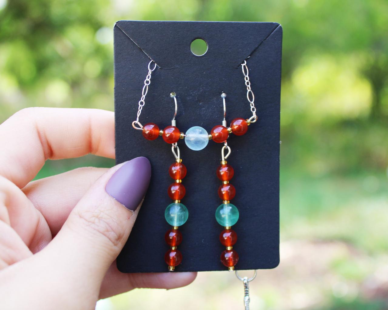 Carnelian And Fluorite Chain Bracelet And Earring Set | Handmade Orange/red Carnelian And Light Blue Fluorite Chain Set For Healing