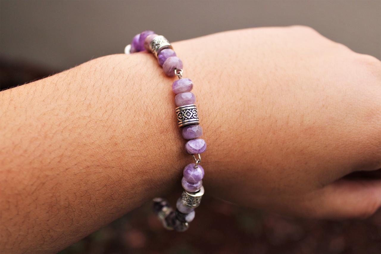 Amethyst Gemstone Beaded Chain Link Bracelet With Feather Drop Metaphysical Amethyst Bracelet Handmade In The Us For Healing And Meditation