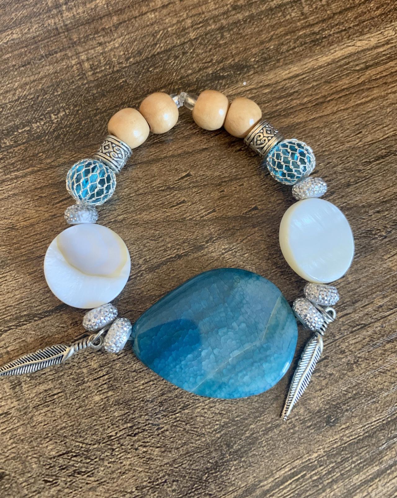 Blue Agate Crystal Gemstone Bracelet for Healing and Mediation with Feathers and White Shell Stretch Bracelet Handmade in the US