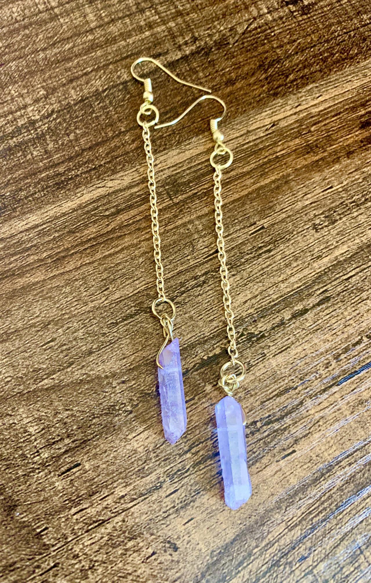 Purple Quartz And Gold Chain Dangle Gemstone Earrings For Women Handmade In Us Genuine Crystal Metaphysical Earrings For Women