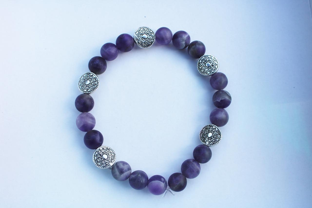 Purple Genuine Amethyst And Silver Beaded Handmade Meditation Gemstonbracelet For Women, Genuine Amethyst Crystal Stretch Bracelet For Women