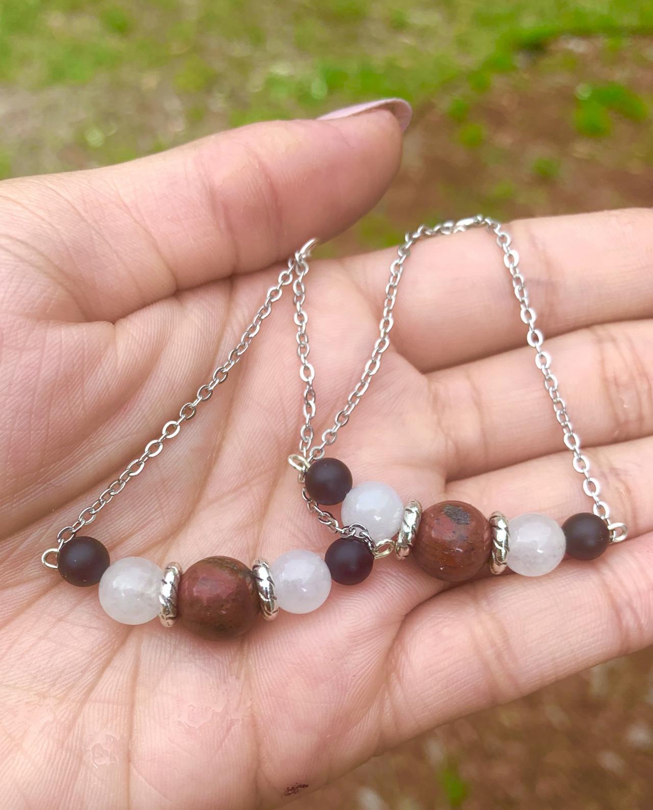 Red Speckled Jasper, White Agate, And Onxy Chain Dangle Earrings For Women Made With Genuine Crystals Metaphysical Handmade In The Us