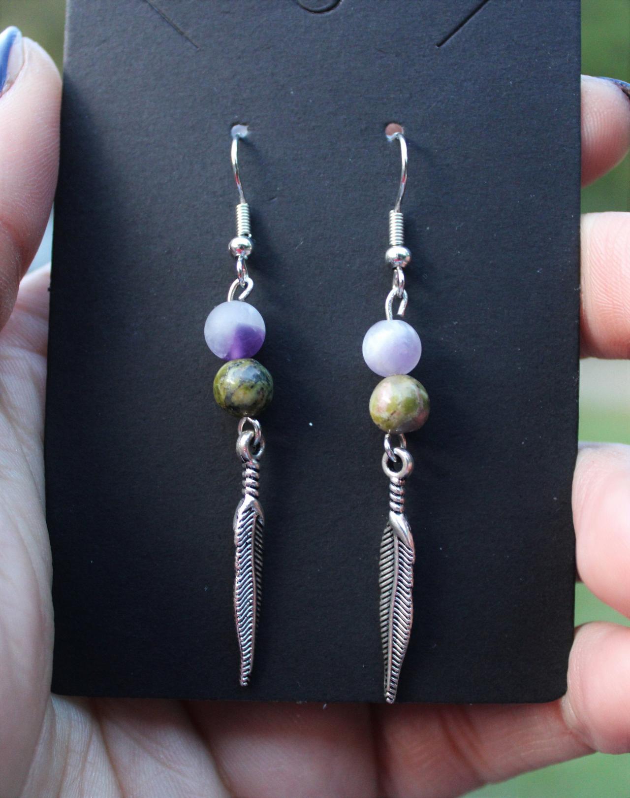 Unakite, Amethyst Drop Gemstone Earrings For Healing Homemade In The Us Purple And Green Drop Earrings Made With Genuine Crystal And Feather
