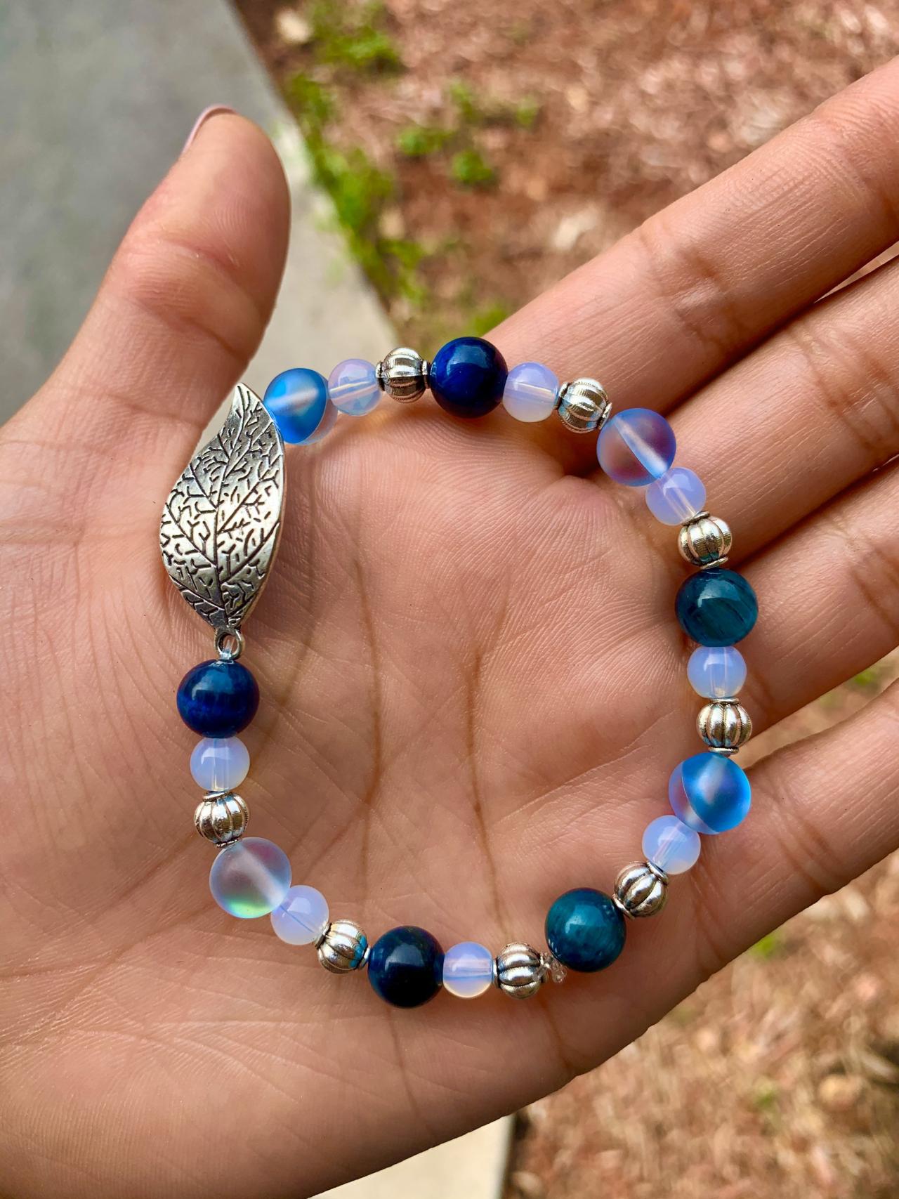 Blue Tigers Eye, Sea Opal, Mystic Aura Quartz Stretch Gemstone Bracelet For Women W/leaf Choose Lava Rock Or Silver Accents Handmade In Us