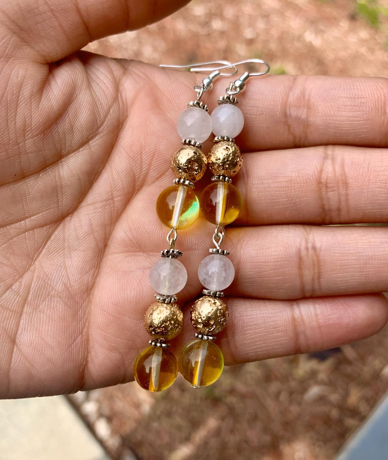 Yellow Mystic Aura Quartz, Gold Lava Rock, White Agate Long Dangle Drop Gemstone Earrings For Women Metaphysical Earrings Handmade In The Us