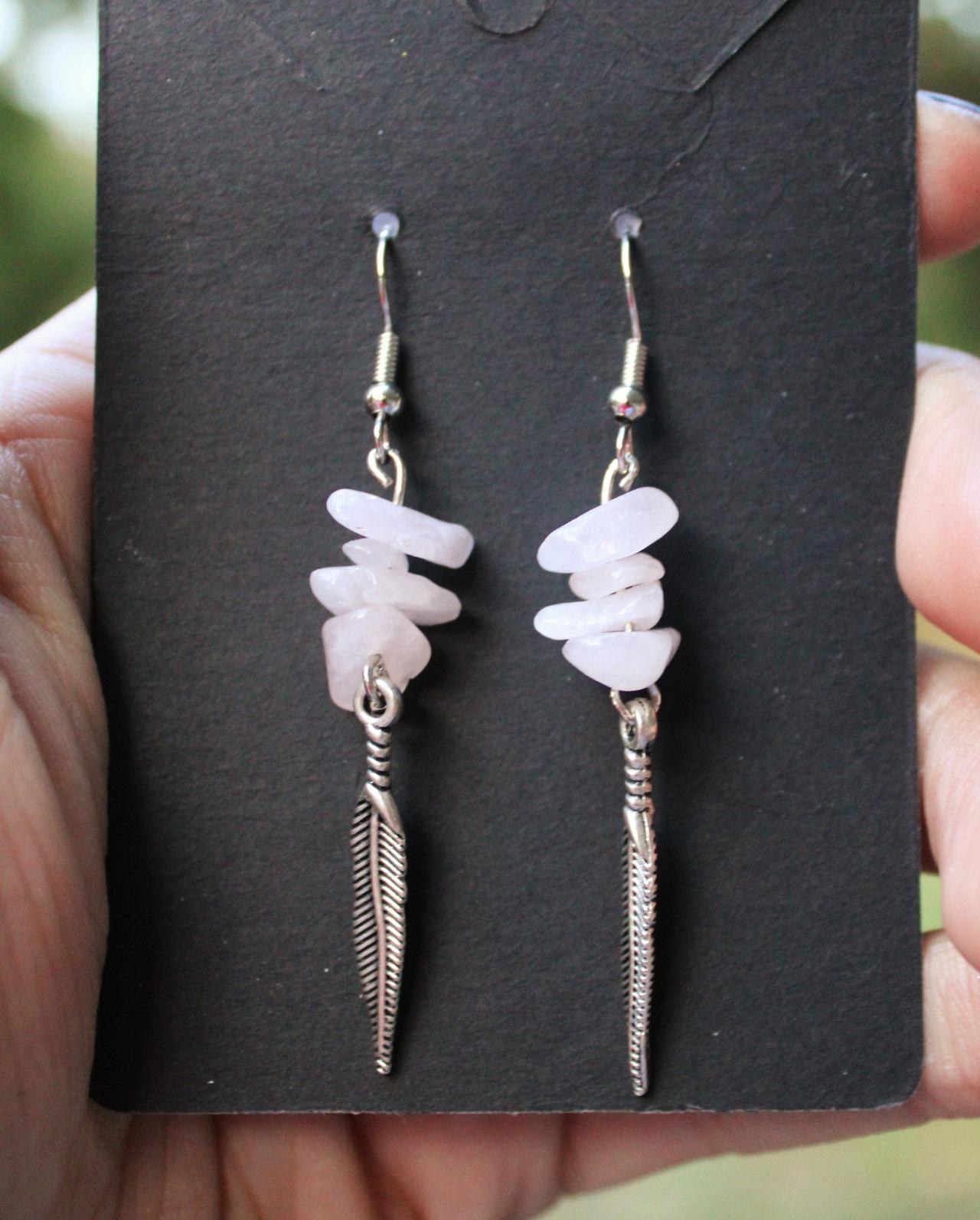 Rose Quartz Dangle Gemstone Earrings Silver Feather For Healing Handmade Jewelry Made In The Us Pink Rose Quartz Chips Drop Earrings