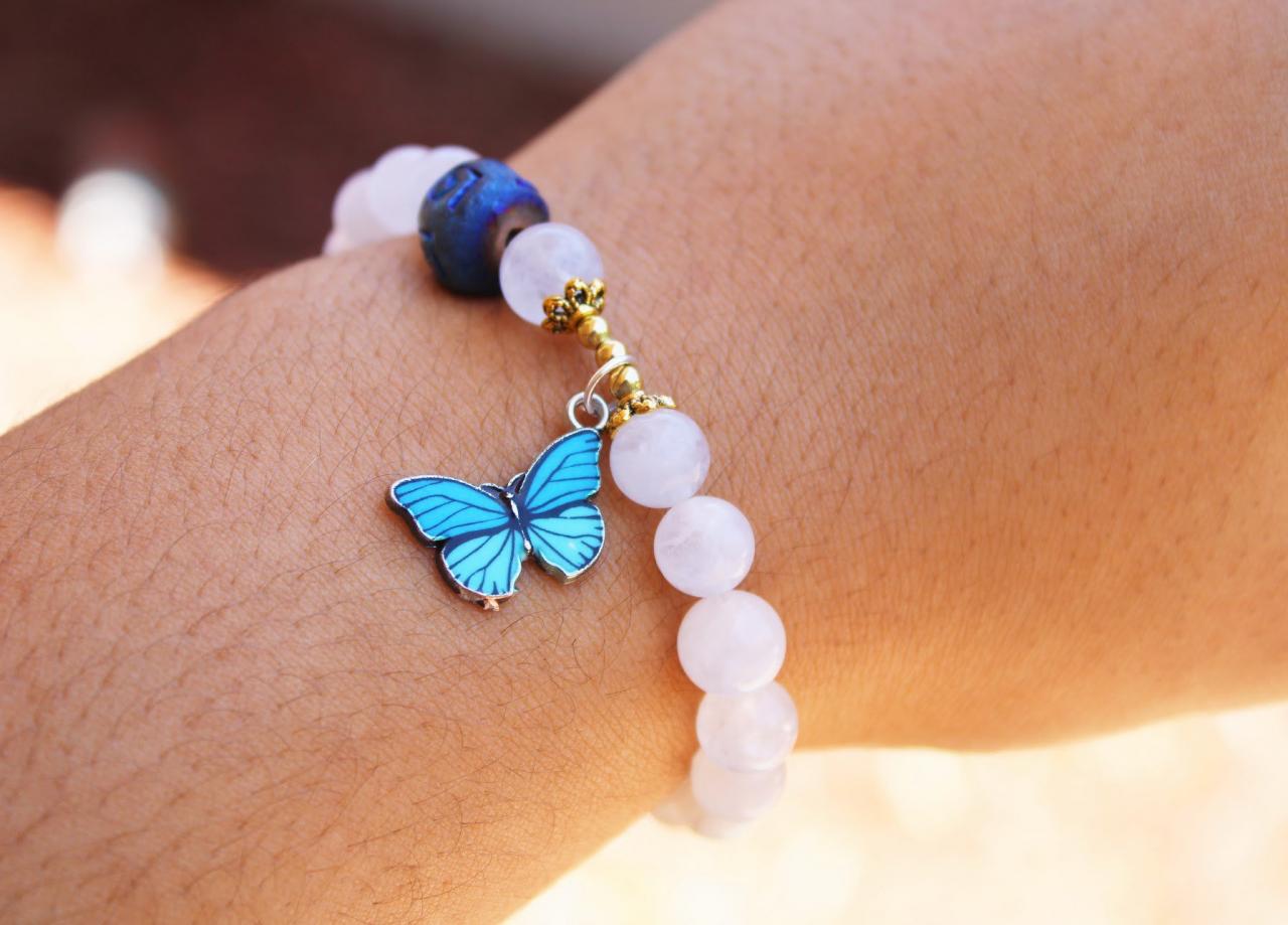 White Agate With Blue Butterfly Charm Gold Beaded Gemstone Boho Stretch Bracelet For Women Handmade In The Us For Meditation For Women
