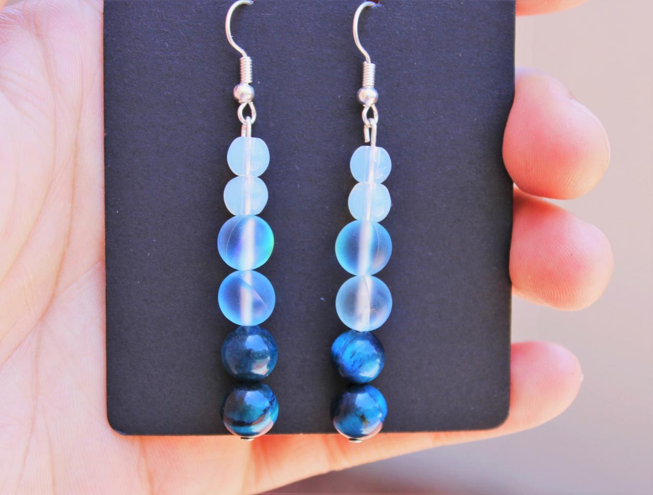 Mystic Aura Quartz, Sea Opal, Blue Tigers Eye Dangle Boho Drop Gemstone Earrings for Women for Healing Blue Boho Handmade Earrings handmade