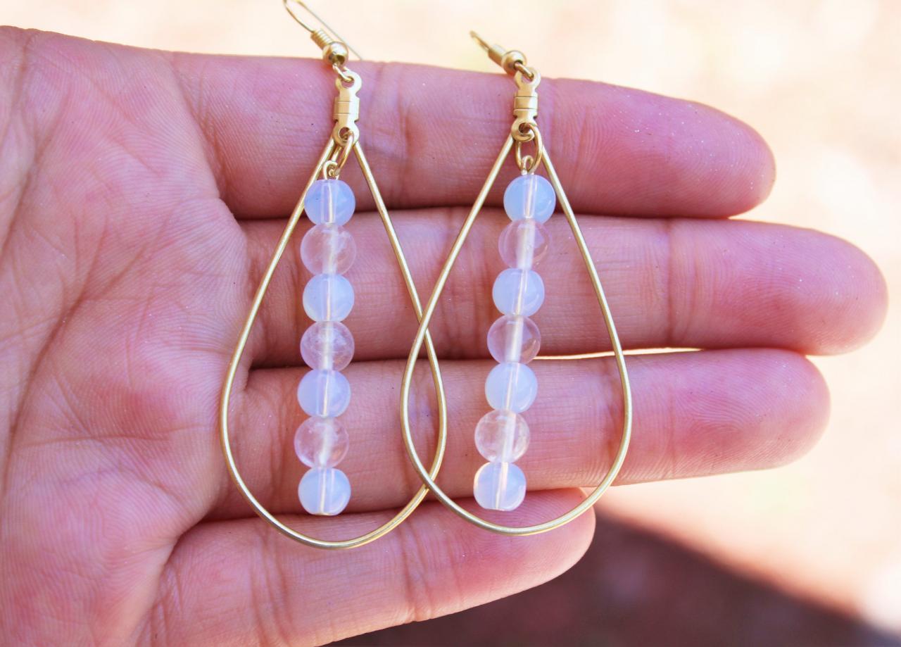Gold Oval Hoops With Sea Opal Pink Rose Quartz Gemstone Earrings For Women For Healing Metaphysical Handmade Hoop Earrings Made In The Us