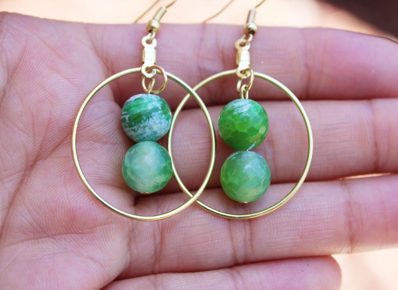 Green, Gold Green Fire Agate Boho Hoop Earrings For Women For Metaphysical Healing Green Handmade Gemstone Earrings Made In Us For Healing