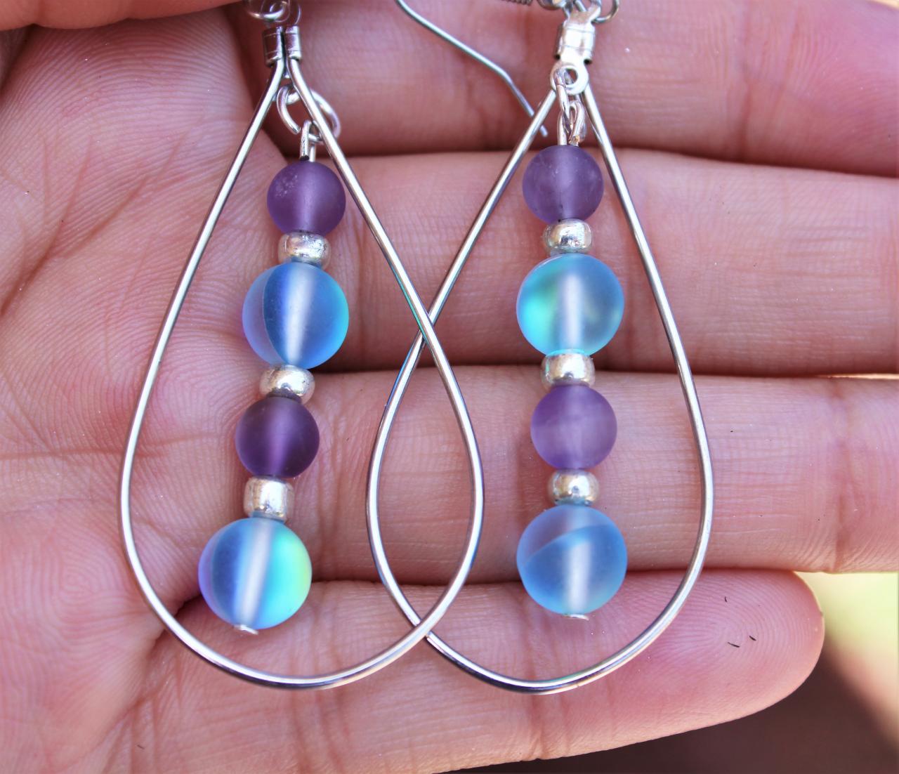 Hoop Earrings, Lilac Aura Quartz Hoops Healing Crystal Jewelry Aura Quartz Earrings