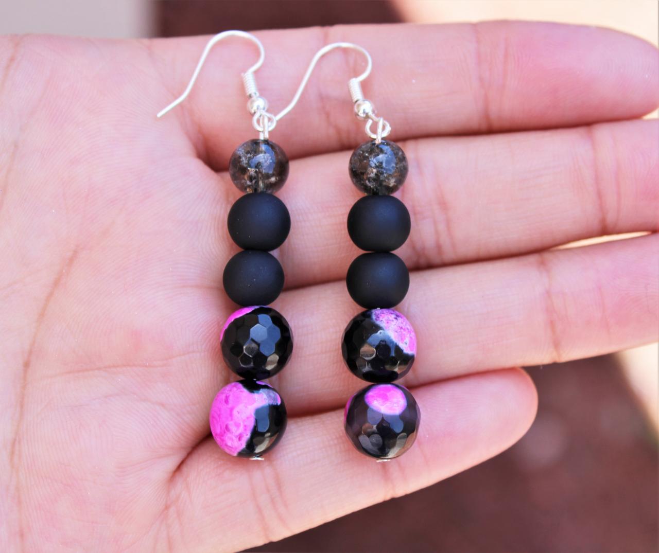 Pink Fire Agate Black Boho Drop Gemstone Earrings for Women for Healing Handmade in the US Metaphysical Healing Agate Earrings