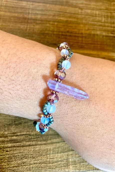 Purple Quartz and Sea Opal Stretch Woven Gemstone Bracelet for Women Handmade Bracelet in the US