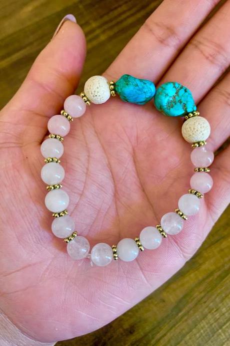 Turquoise, White Lava Rock, and Agate Gemstone Stretch Bracelet for Women Handmade in US Blue Pink and White Bracelet for Gift
