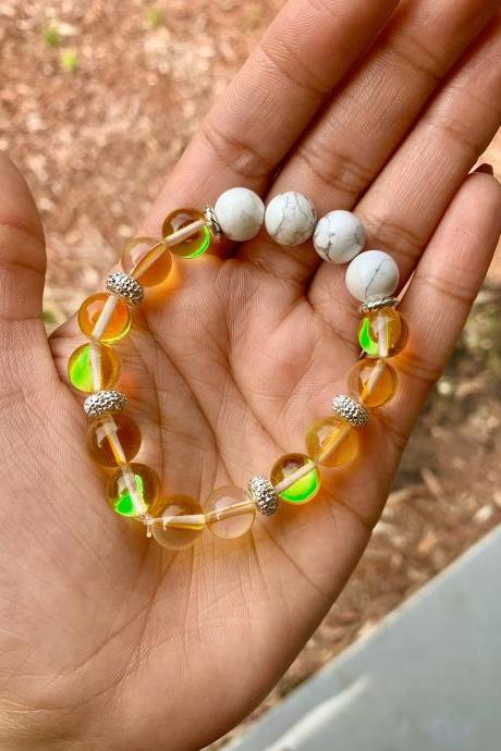 Yellow Mystic Aura Quartz, White Howlite Beaded Gemstone Stretch Bracelet for Women for Healing Beaded Stretch Bracelet Handmade in the US