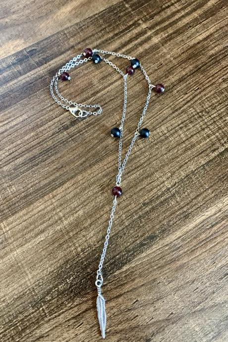Garnet and Onxy Chocker with Feather and Silver Chain for Women Boho Gemstone Chocker Necklace Handmade in US for Women and Gifts