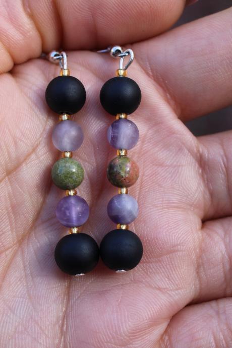 Purple Amethyst, Green Unakite Metaphysical Drop Beaded Gemstone Earrings Metaphysical Healing Purple Green Black Earrings Handmade in US