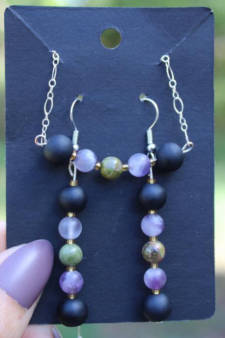 Purple Amethyst and Green Unakite Metaphysical Earring and Bracelet Set | Healing Purple Green and Black Jewelry set Handmade in the US