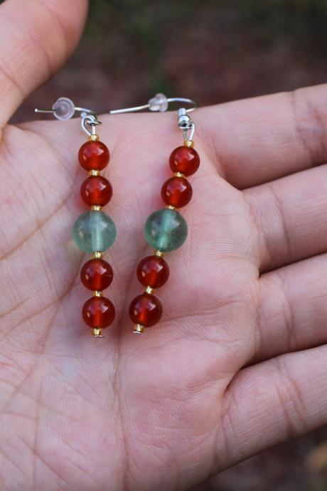 Carnelian and Fluorite Drop Earrings for Healing and Meditation | Handmade in the US with Red and Light Blue Genuine Gemstone