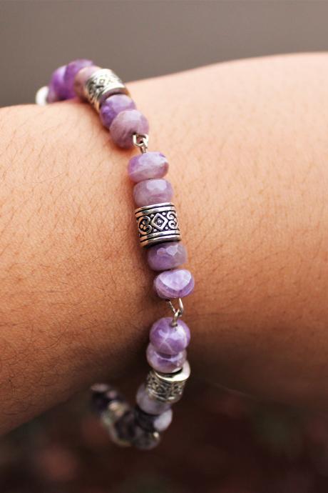 Amethyst Gemstone Beaded Chain Link Bracelet with Feather Drop Metaphysical Amethyst Bracelet Handmade in the US for Healing and Meditation