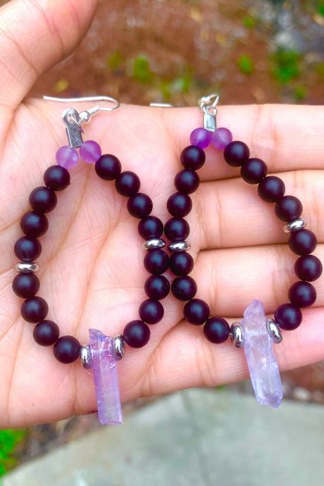 Purple Quartz, Amythest, And Onxy Hoop Gemstone Earrings For Women Genuine Crystal Beading Handmade In The Us For Women Metaphysical Jewelry