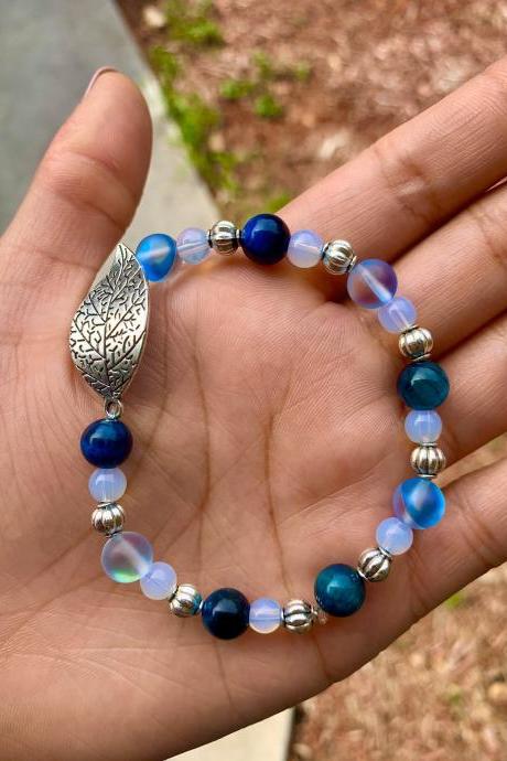 Blue Tigers Eye, Sea Opal, Mystic Aura Quartz Stretch Gemstone Bracelet for Women w/Leaf Choose Lava Rock or Silver Accents Handmade in US