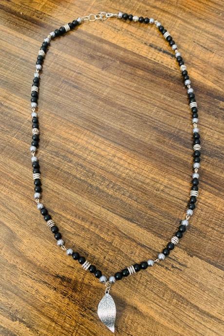 Black Onxy, Silver Hematite Beaded A Gemstone Necklace Silver Leaf Pendant Necklace Handmade In The Us For Meditation For Stress And Anxiety