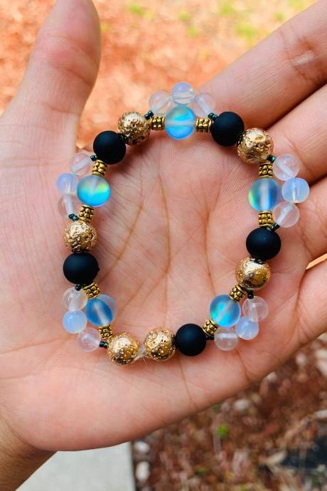 Mystic Aura Quartz, Rose Quartz, Sea Opal Gemstone Stretch Bracelet for Women for Healing and Meditation Stretch Bracelet Handmade for women