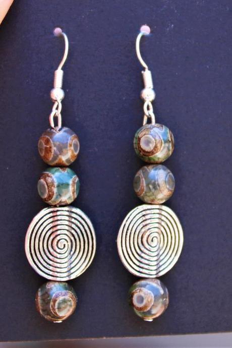 Tibetan Agate Silver Pendant Boho Drop Gemstone Earrings for Women Handmade in the US Agate Crystal Earrings for Healing with Silver Pendant