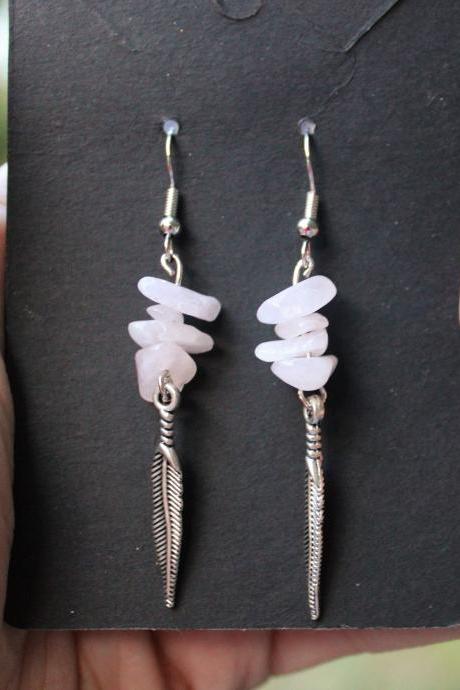 Rose Quartz Dangle Gemstone Earrings Silver Feather For Healing Handmade Jewelry made in the US Pink Rose Quartz Chips Drop Earrings