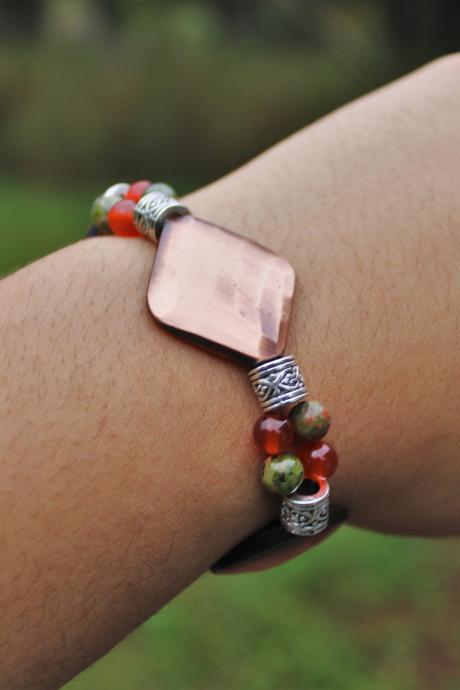 Carnelian And Unakite Bronze Healing For Fertility Pain Meditation Bracelet Gemstone For Fertility Stretch Bracelet Handmade In The Us