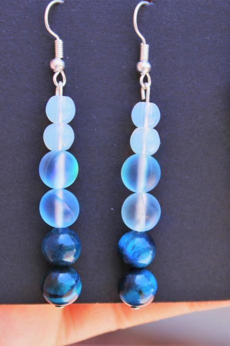 Mystic Aura Quartz, Sea Opal, Blue Tigers Eye Dangle Boho Drop Gemstone Earrings for Women for Healing Blue Boho Handmade Earrings handmade