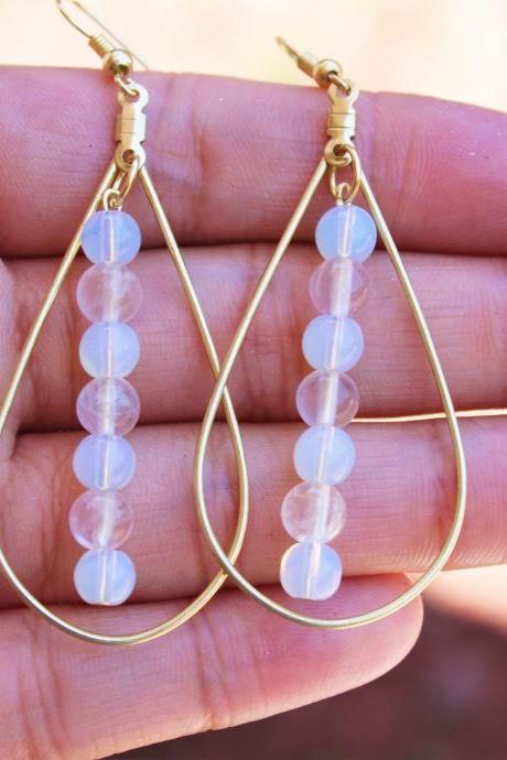 Gold Oval Hoops with Sea Opal Pink Rose Quartz Gemstone Earrings for Women for Healing Metaphysical Handmade Hoop Earrings Made in the US