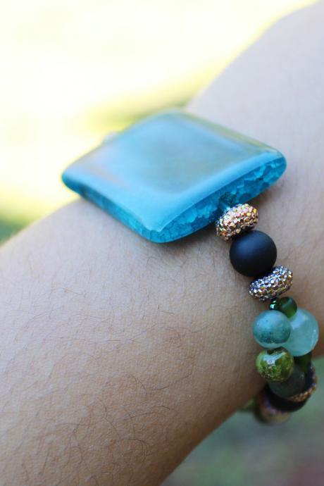 Blue Agate, Indian Agate, Florite, Unakite Stretch Gemstone Bracelet for Women Handmade in the US Blue Crystal Stretch Bracelet for Healing.