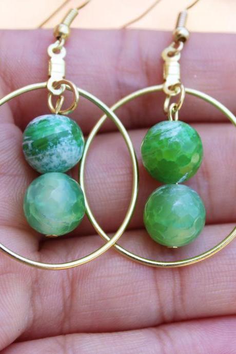 Green, Gold Green Fire Agate Boho Hoop Earrings for Women for Metaphysical Healing Green Handmade Gemstone Earrings Made in US for Healing