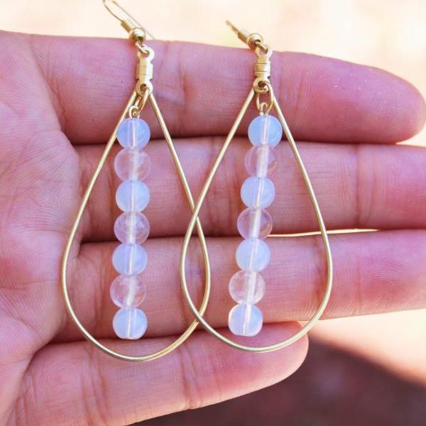Gold Oval Hoops with Sea Opal Pink Rose Quartz Gemstone Earrings for Women for Healing Metaphysical Handmade Hoop Earrings Made in the US
